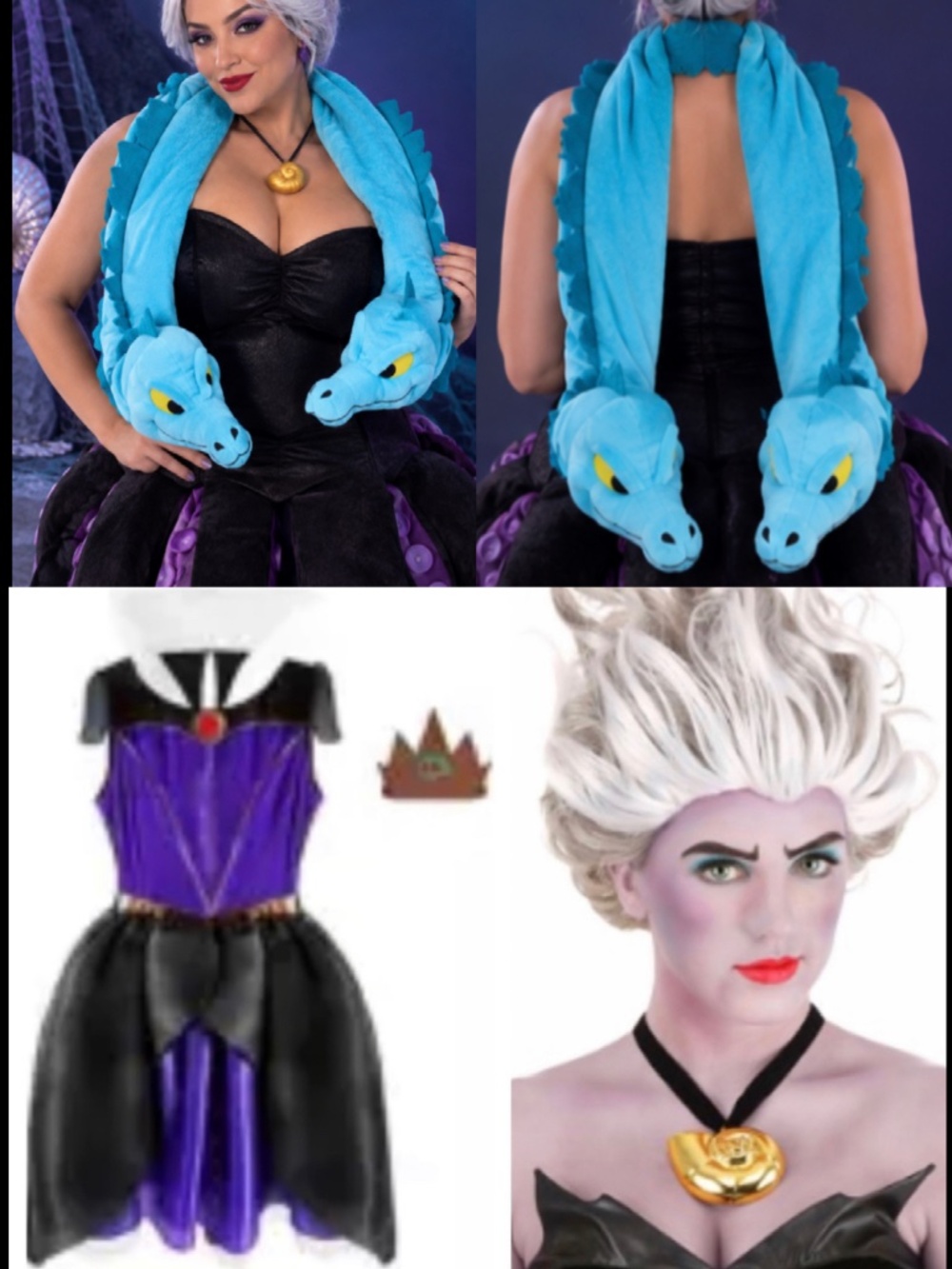 ๐ Disney Ursula Costume Set 4 in 1 NWT Womenโs L โ Dress, Wig, Crown & Scarf